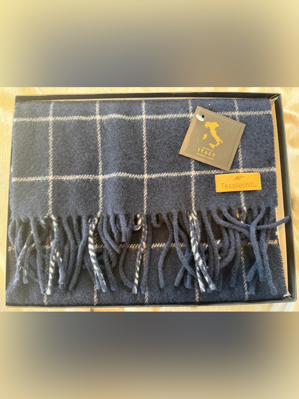 Navy Windowpane Wool Scarf